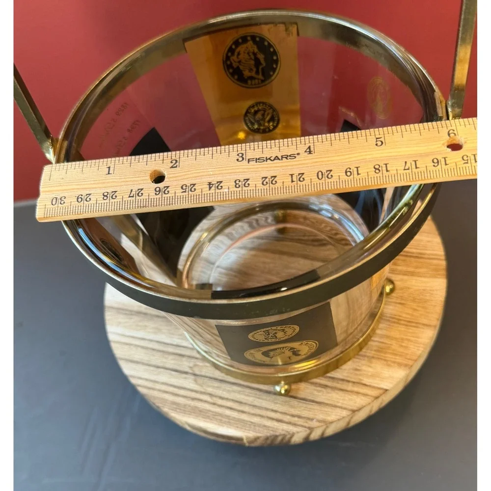 Cera Ambassador Gold Coin Ice Bucket and 4 Rocks Glasses MCM Barware Set